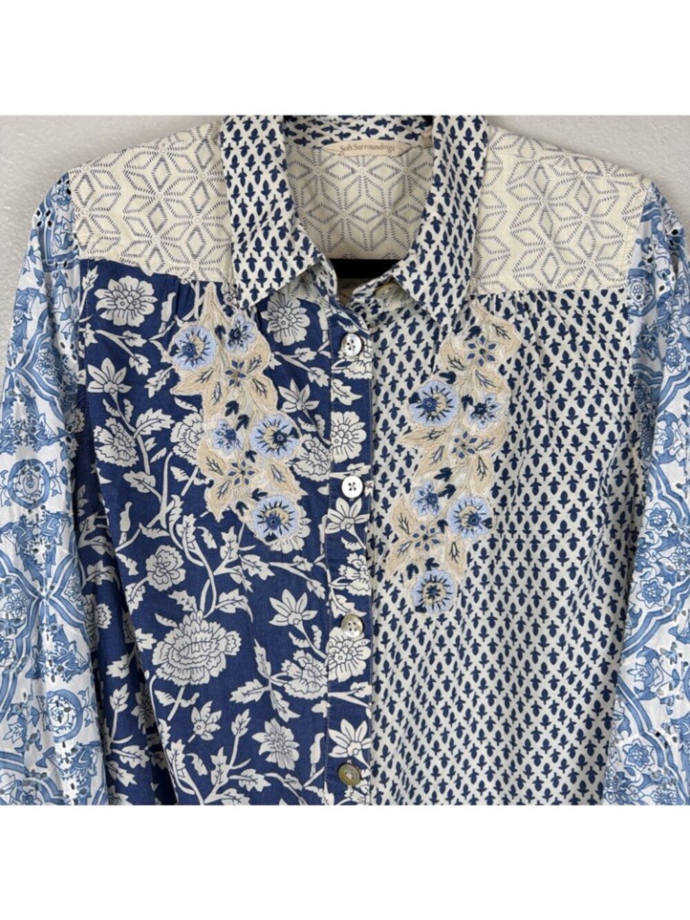 Soft Surroundings Patchwork Prairie Shirt Large Blue Floral Cottagecore Boho - Picture 3 of 11